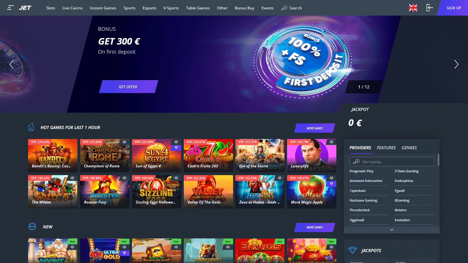 Скриншот сайта Jetcasino: главная страница